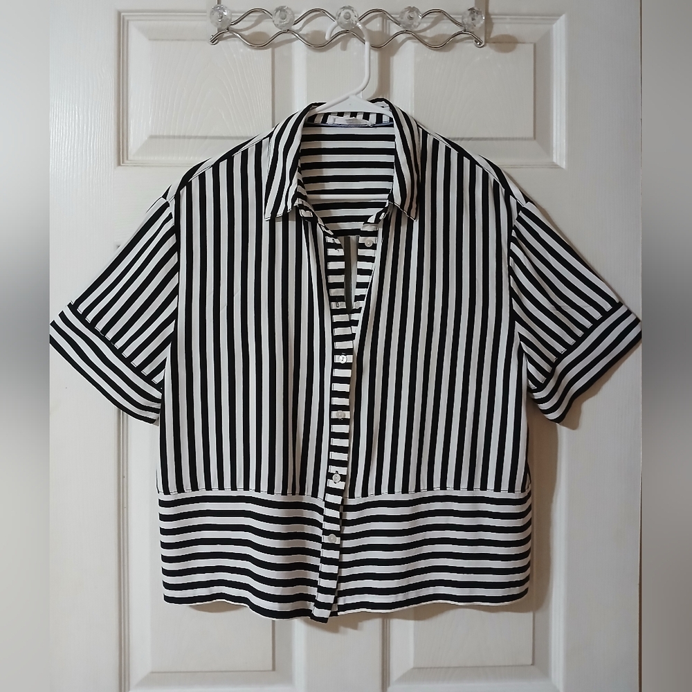 Black and White Striped Button-Up Shirt